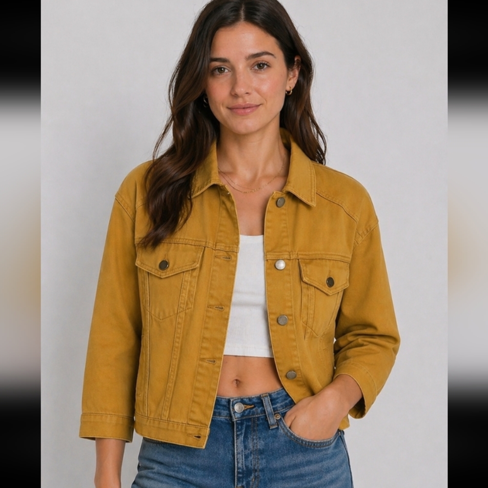 Mustard Oversized Jean Jacket Croped Sleeves Buton Up Pockets Small